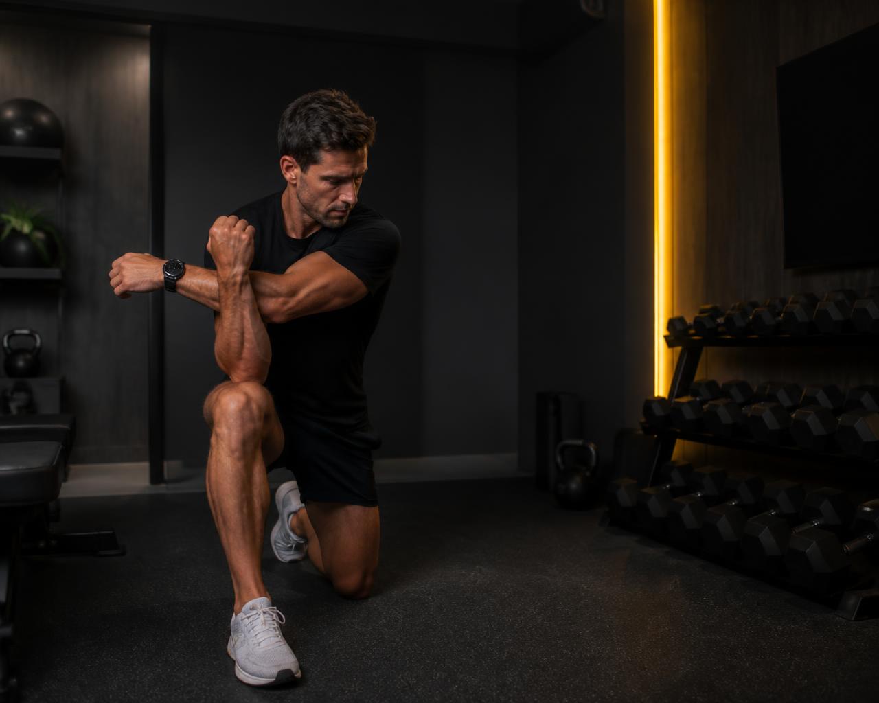 Man stretching in a minimal dark home gym